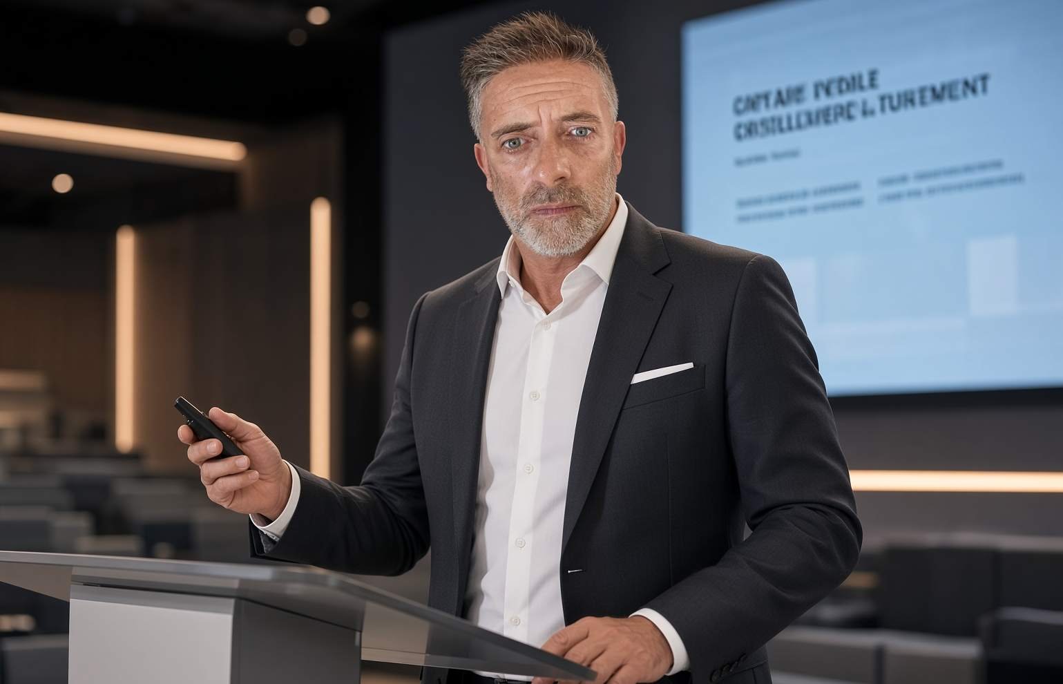 Stéphane Dubart en conférence, présentant sa stratégie digitale au pupitre